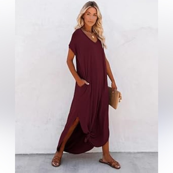 Entro Casual Loose Fit  Short Sleeve V-Neck Split Hem Maxi Dress Maroon Small - Picture 1 of 10